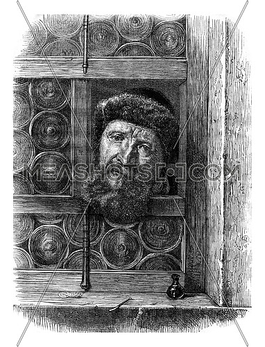Belvedere Museum in Vienna, Painting, An old man at his window by Samuel van Hoogstraeten, vintage engraved illustration. Magasin Pittoresque 1878.
