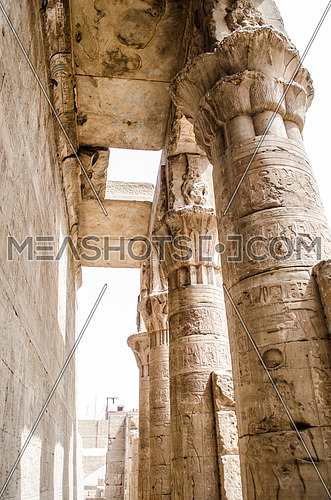 Papyrus columns of Edfu temple and hieroglyphic writings on the columns and the walls in  Edfu, Egypt.