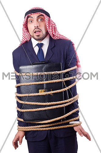 Arab man tied up with rope on white