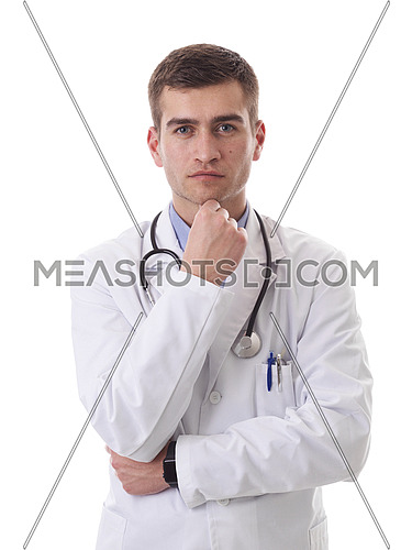 Portrait of hero in white coat.  Cheerful smiling young doctor with stethoscope in medical hospital standing against white  background. Coronavirus covid-19 danger alert