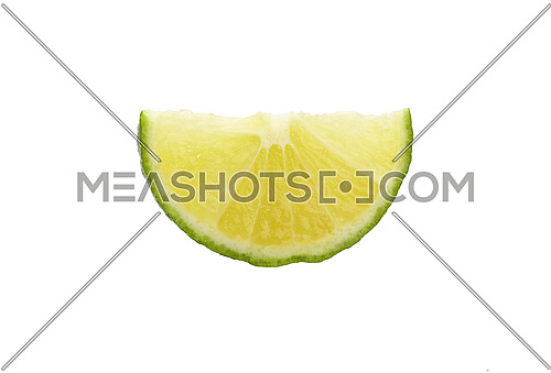 Close up one round thin cut slice of fresh green lime fruit, backlit and isolated on white background