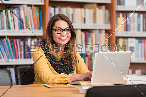 In The Library - Beautiful Female Student With Laptop And Books Working In A High School - University Library - Shallow Depth Of Field