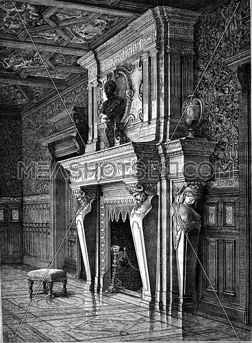 Castle of Saint-Roch, Tarn et Garonne, Fireplace of the living room, vintage engraved illustration. Magasin Pittoresque 1876.