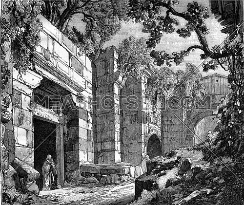 Amasserah standing by a door in the Acropolis in Athens, Greece. Drawing Jules Laurens. From Magasin Pittoresque, vintage engraving, 1876.