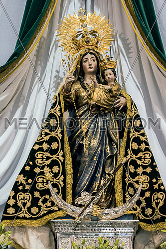 Vejer de la Frontera, Spain - August 13, 2018: Virgen de la Oliva, Patroness of Vejer de la frontera, work of Martin Alonso de Mesa y Villavicienso, Cadiz, Spain