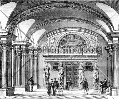 Interior view of the Hall of the Caryatids in the Louvre, vintage engraved illustration. Magasin Pittoresque 1843.