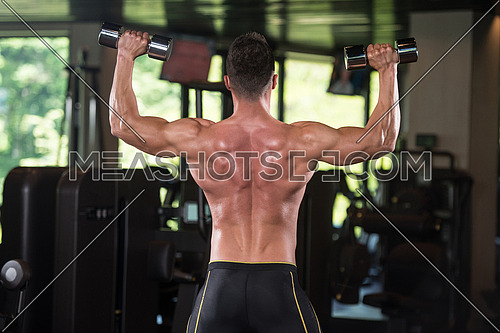 Portrait Of A Physically Fit Man Posing With Dumbbells In Modern Fitness Center Gym