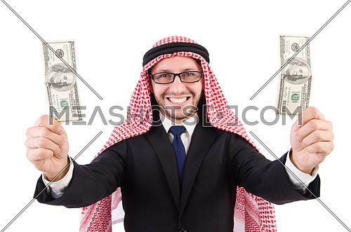 Arab businessman in eyeglasses with dollar   isolated on white