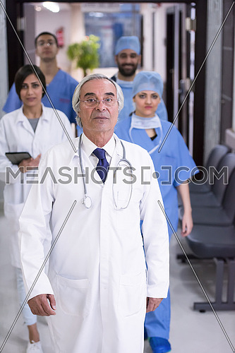 middle eastern team of doctors walking the halls of a major modern clinics