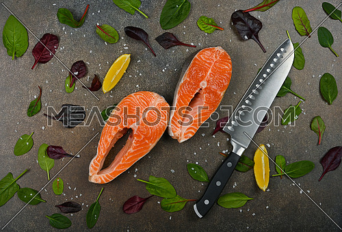 Close up two fresh raw salmon fish steaks on table, with kitchen knife, lemon wedges, and salad leaves, elevated top view, directly above