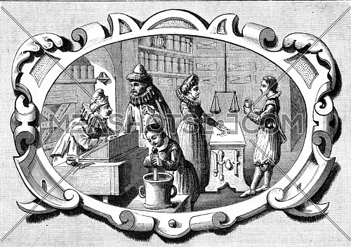 A Shop grocer to 1780, after Adrien de Vries, vintage engraved illustration. Magasin Pittoresque (1882).