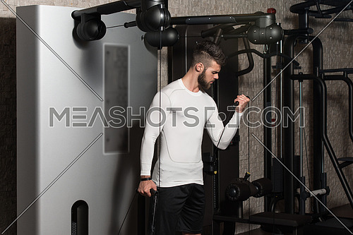 Young Handsome Man Exercise Biceps On Machine