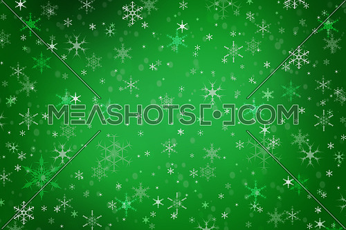 Abstract vivid green Christmas holiday winter background of falling snow bokeh and snowflakes