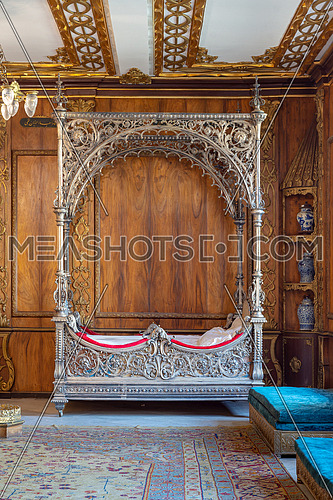 Manial Palace of Prince Mohammed Ali Tawfik. Silver bed at the residence of prince's mother, Cairo, Egypt