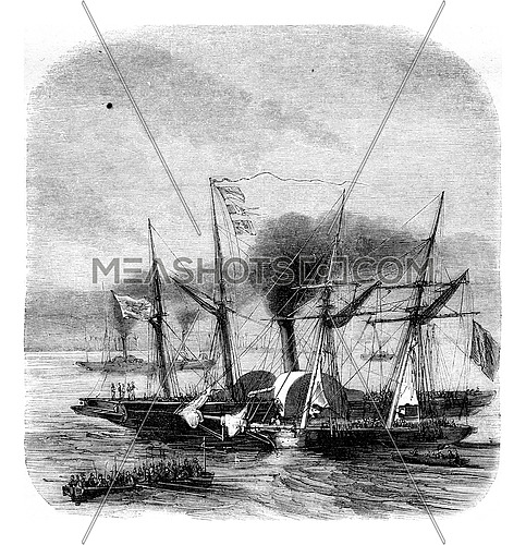 Cruise ships in the Mediterranean, vintage engraved illustration. Magasin Pittoresque 1852.