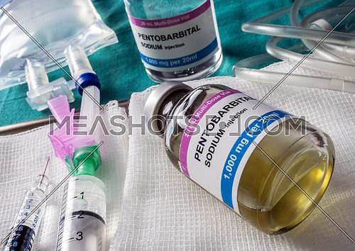 Vial with pentobarbital used for euthanasia and lethal inyecion in a hospital, conceptual image