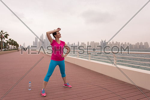 very active young beautiful woman stretching and warming up on the promenade along the ocean side with a big modern city in the background to keep up her fitness levels as much as possible