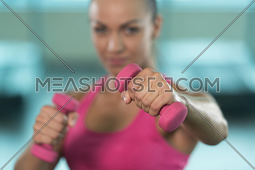 Muscular Boxer Woman MMA Fighter Practice Her Skills With Dumbbells In A Gym - Athletic Bodybuilder Fitness Model