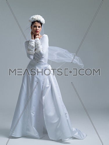 Portrait of beautiful young bride in a wedding dress with a veil isolated on a white background