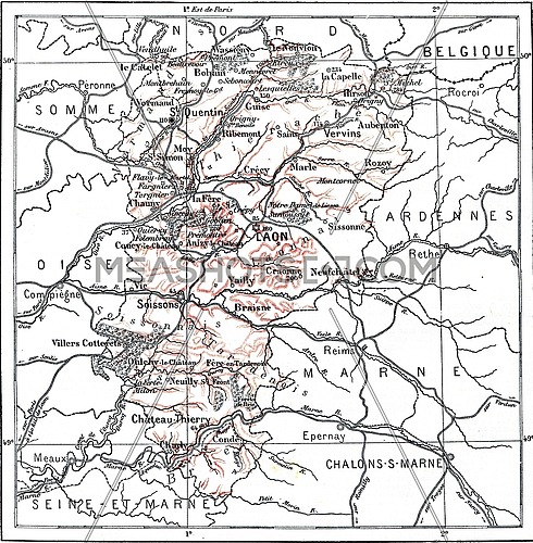 Map of Department of Aisne, vintage engraved illustration. Dictionary of words and things - Larive and Fleury - 1895.