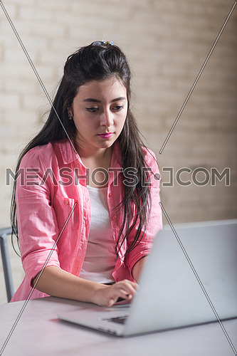 Young informal Middle Eastern businesswoman working on laptop in a modern office