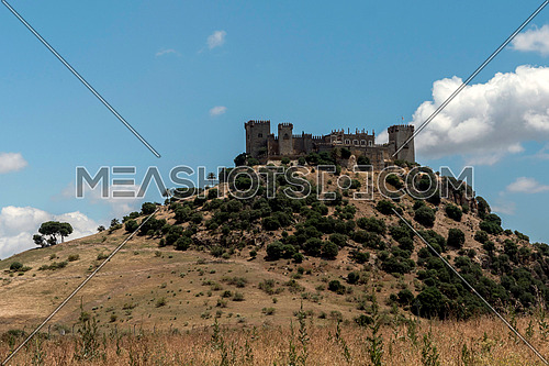 Almodovar del Rio, Crdoba, Spain - June 9, 2018: It is a fortitude of Moslem origin, it was a Roman fort and the current building has definitely origin Berber, of the year 760, Between the year 1901 and 1936 was restored by its owner, Rafael Desmaissieres y Farina, XII Count of Torralva, placed close to the Guadalquivir, take in Almodovar of the Rio, Cordoba province, Andalusia, Spain