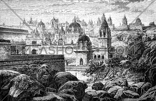 Sounghur sacred hill, view from the village, vintage engraved illustration. Le Tour du Monde, Travel Journal, (1872).