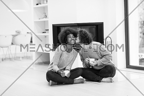 Young romantic multiethnic couple sitting on the floor in front of fireplace at home, looking at each other, talking and drinking coffee autumn day