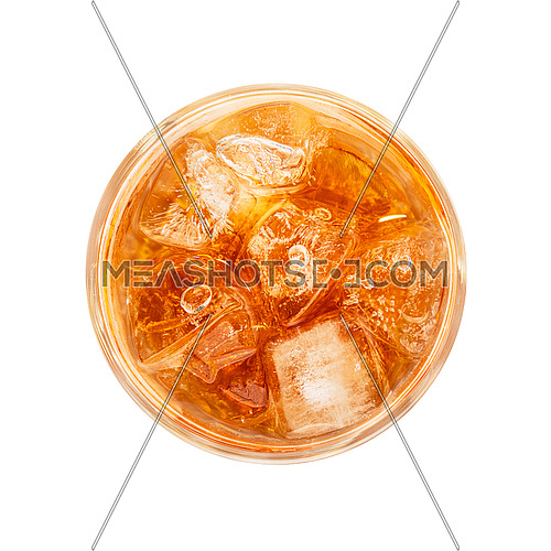 Close up one big high glass of iced tea cold drink isolated on white background, elevated top view, directly above