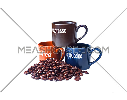 coffee espresso cappuccino cups with coffee beans isolated on white background