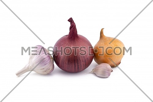 Different kind of onion, garlic bulbs and cloves in close-up isolated on white background
