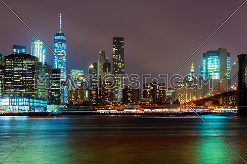 New York City lights night Brooklyn Bridge