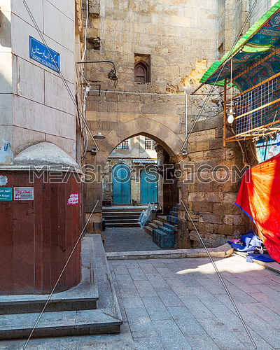 Alleys of old historic Mamluk era Khan al-Khalili famous bazaar and souq, with closed shops during Covid-19 lockdown, Cairo, Egypt