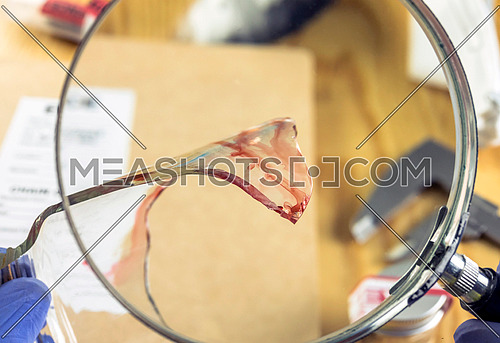 Detail of broken glass with traces of blood in scientific laboratory