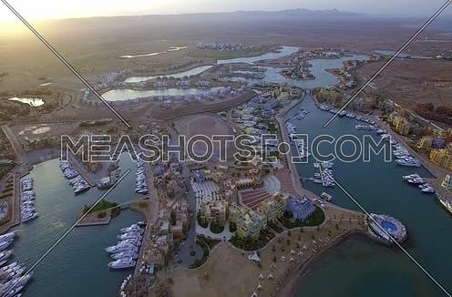 Drone shot flying above Al Gouna Marina at Sunset 