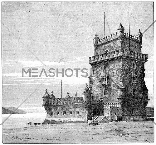 Belem Tower, in Lisbon, Portugal, vintage engraved illustration. Dictionary of Words and Things - Larive and Fleury - 1895