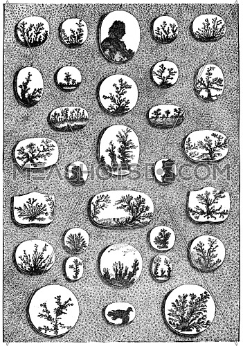 Natural agate bearing singular figures, vintage engraved illustration. Earth before man â 1886.