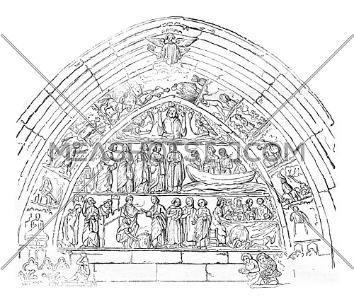 Reliefs of the door Bles of the Church of Our Lady of Semur, vintage engraved illustration. Magasin Pittoresque 1836.