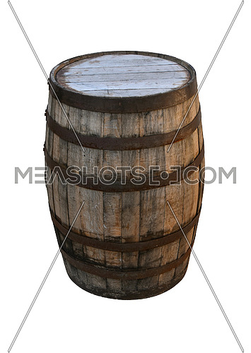 Close up one old vintage oak wood wine barrel or aged weathered whiskey cask isolated on white background, high angle view