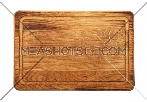 Close up of one small rectangle shaped brown used oak wood kitchen cutting board with dark burn stains and knife cut traces isolated on white background