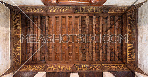 Wooden ornate ceiling with floral pattern decorations at Sultan al Ghuri Mausoleum, Cairo, Egypt