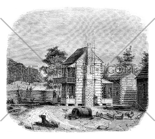 American farm in the state of Virginia, vintage engraved illustration. Magasin Pittoresque 1846.