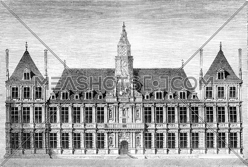 Town Hall of Reims, vintage engraved illustration. Magasin Pittoresque 1845.