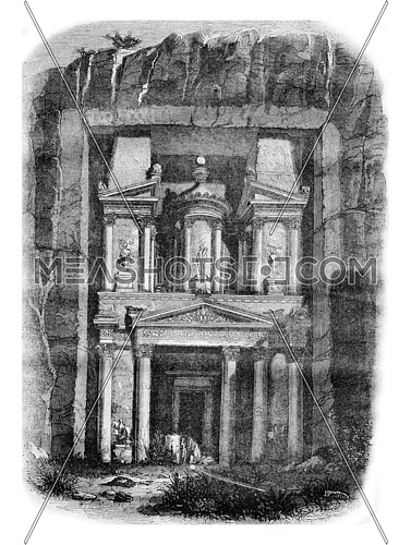 View Pharaoh Kasr, a Petra, vintage engraved illustration. Magasin Pittoresque 1836.