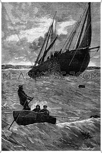 Herring fishing. Lip of the net, vintage engraved illustration. Journal des Voyage, Travel Journal, (1880-81).