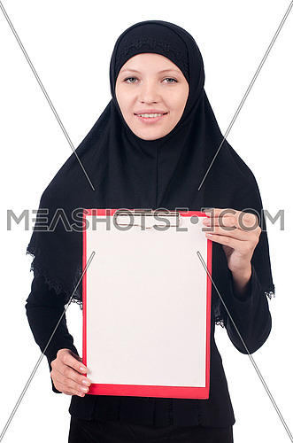 Woman with blank page on white