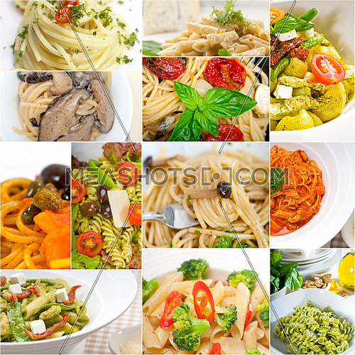 collection of different type of Italian pasta on collage white frame