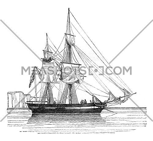 Quiche was the anchor, sails dry, vintage engraved illustration. Magasin Pittoresque 1842.