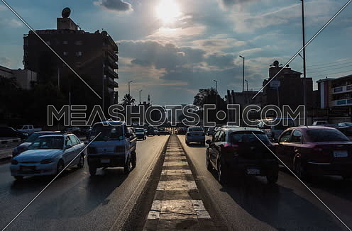 Fixed Shot for traffic at Salah Salim Street showing Al Orouba Tunnel in background at Daytime
