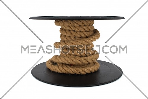 Braided natural jute rope wrapped on the reel isolated on white background